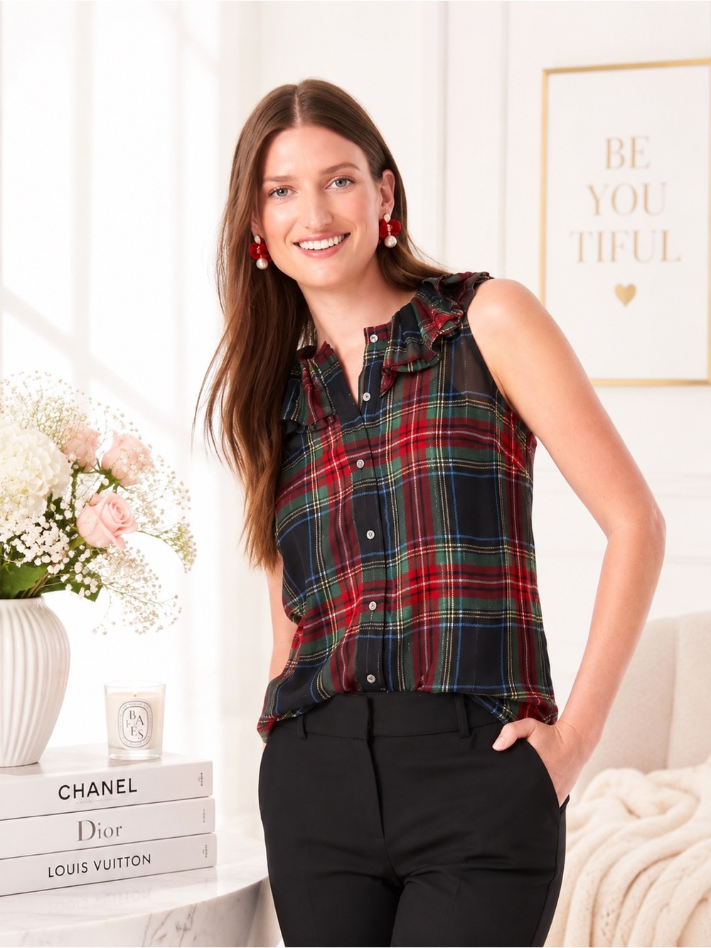 J. CREW Red Black Metallic Stewart Tartan Plaid Sleeveless Holiday Blouse Small